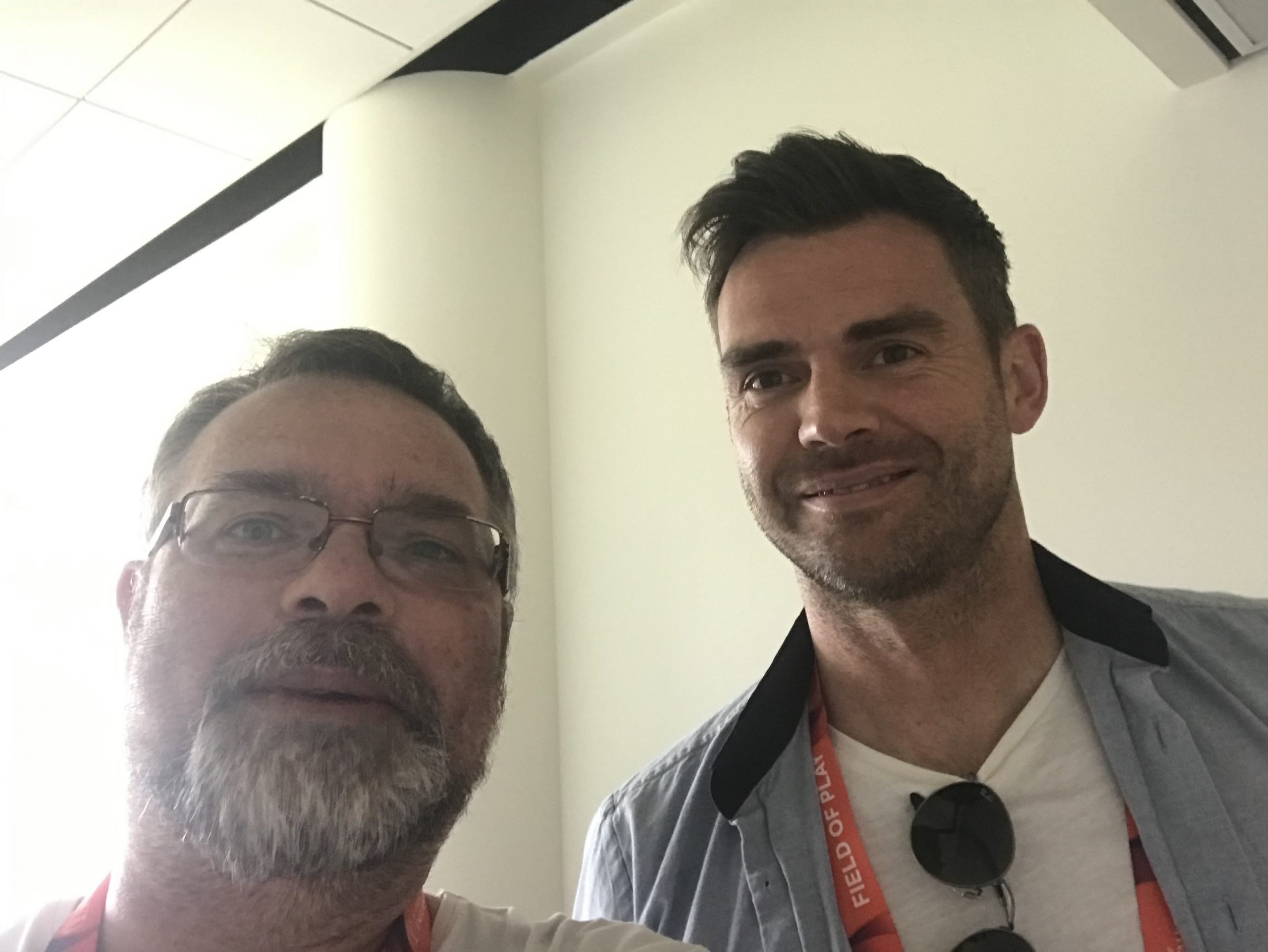 Guerilla cricket founder, Nigel Walker, poses with Jimmy Anderson